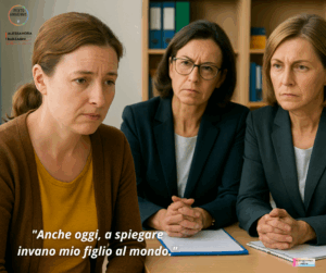 Madre adottiva in colloquio scolastico, in ascolto, tra disagio e fermezza.