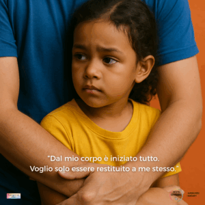 Bambina con sguardo profondo tra le braccia possessive di un adulto
